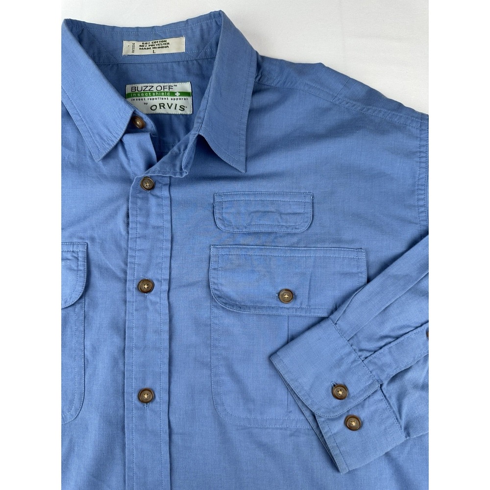 Orvis Buzz Off Shirt Men's Large Blue Long sleeves Button Up